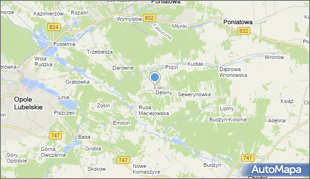 mapa Dębiny, Dębiny gmina Opole Lubelskie na mapie Targeo